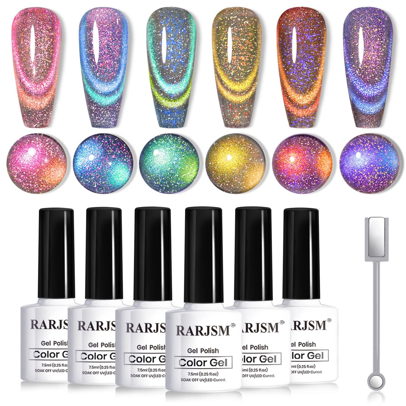RARJSM Aurora Cat Eye Gel Nail Polish Set 6 Colors Velvet Silver Glitter Purple Pink Green Champagne Galaxy Star Cloud Ice Gel Polish with Magnet Stick UV LED Curing Requires Soak Off Home Salon
