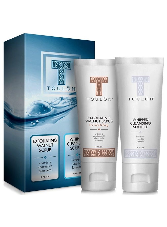 Exfoliating Scrub Set - Body Scrub Set - Skin Care Gift Set for Women & Men - Natural Spa Bath and Shower Kit with Exfoliating Walnut Body & Face Scrub & Anti Aging Face Cleanser for Gentle Face Wash