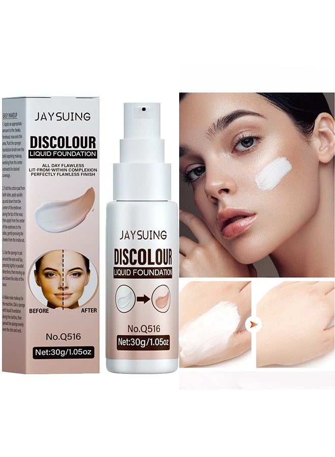 Discolour Liquid Foundaton-Color Changing Liquid Foundation, for Different Skin Tone, Foundation Makeup Base Nude Face Liquid Full Coverage Concealer 30G