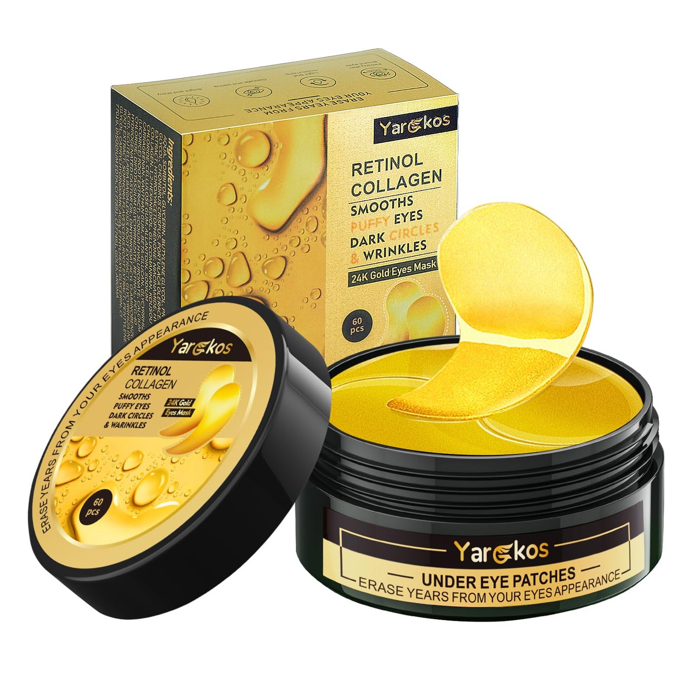 60 Pcs 24K Gold Under Eye Patches, 30 Pairs Undereye Mask for Dark Circles Puffy Eyes Treatment, Collagen Gel Pads Hydrating for Eye Bags Puffiness Wrinkle, Women Men Beauty Skin Care Products