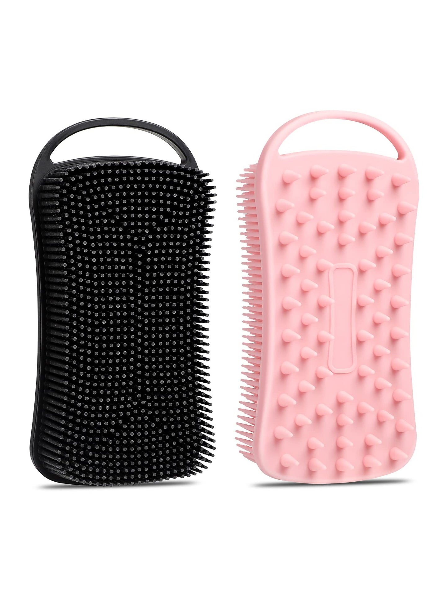 Silicone Body Scrubber, 2 Pcs Exfoliating Body Scrubber, Soft Silicone Loofah, 2 in 1 Bath and Shampoo Brush, Cleaning Exfoliating Skin for Sensitive and All Kinds of Skin (Pink + Black)