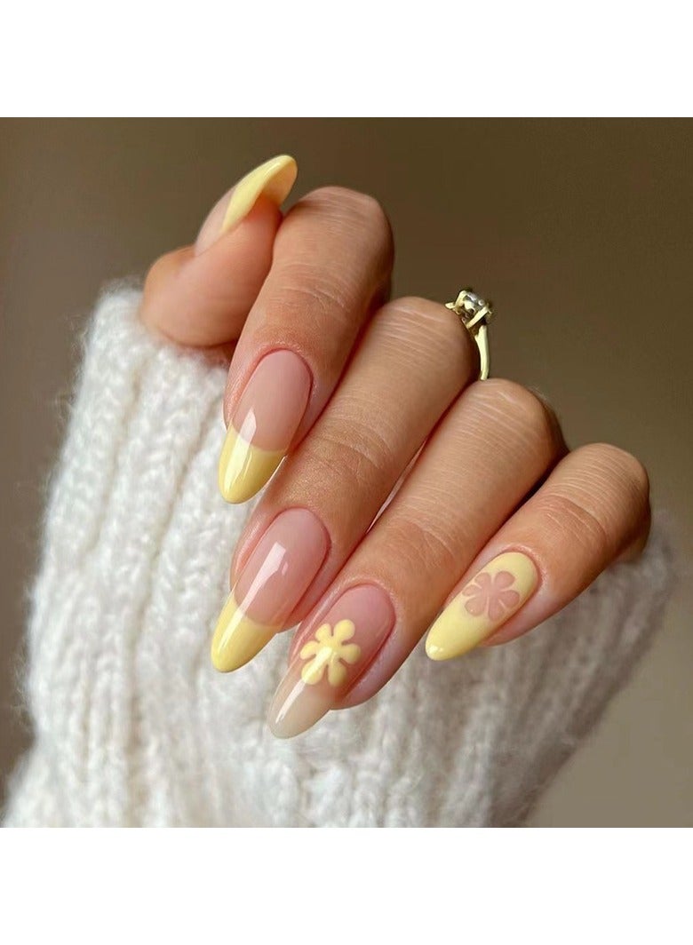 Press On Nails 24Pcs,Long French Artificial Nails With Vibrant Floral Designs,Medium Fake Acrylic Nails With Glue Kit