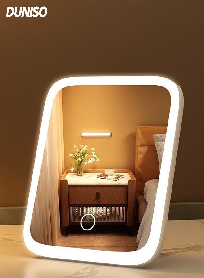 Rechargeable Makeup Mirror with LED Light,3 Lighting Modes,Portable and Foldable Cosmetic Mirror,Dimmable Touch Screen,for Vanity Desk Table top, Bedroom