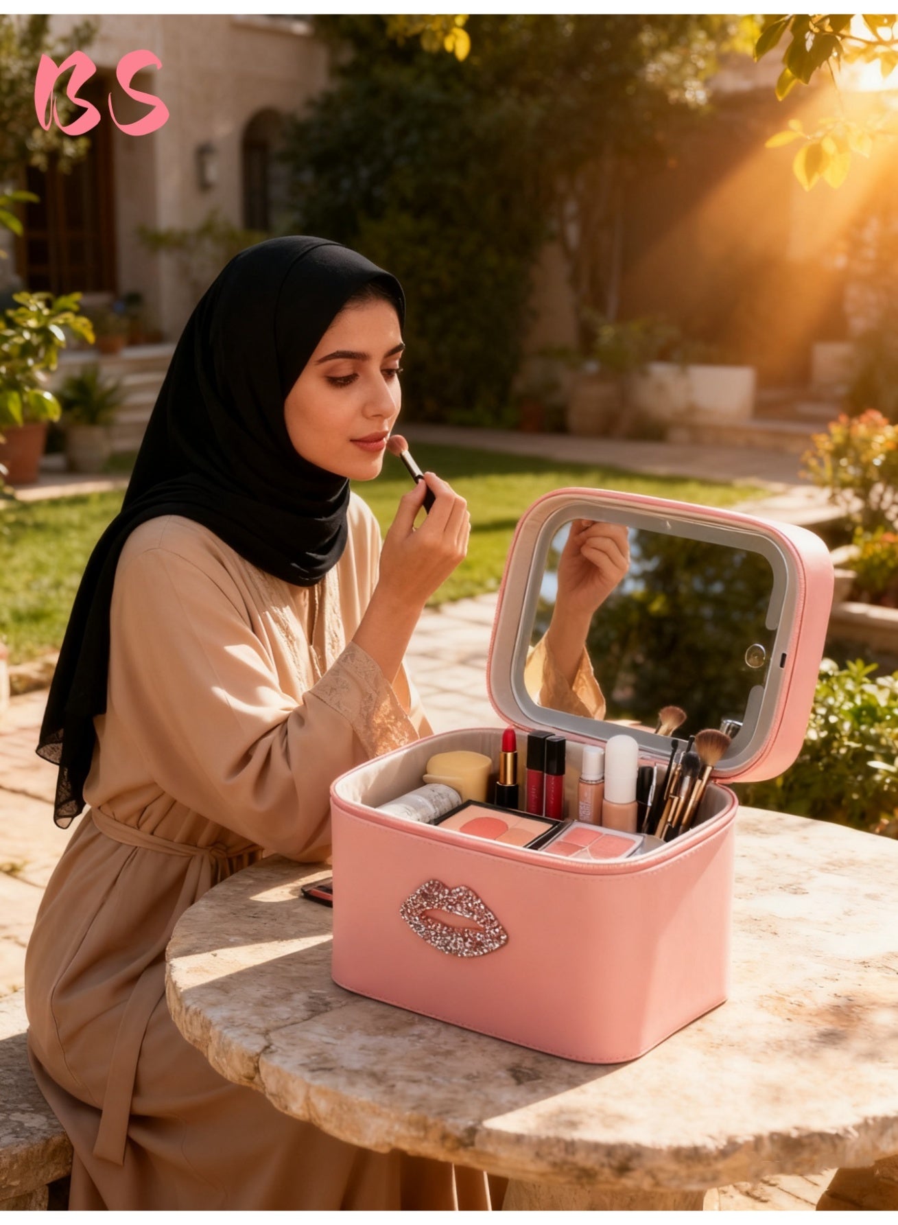 Makeup bag with LED lights and mirror | Three-color adjustable lighting | Waterproof PU material | Power-saving function | Large capacity cosmetic storage box | Storage box for women's makeup tools and accessories | Suitable for travel and home use | Portable storage bag