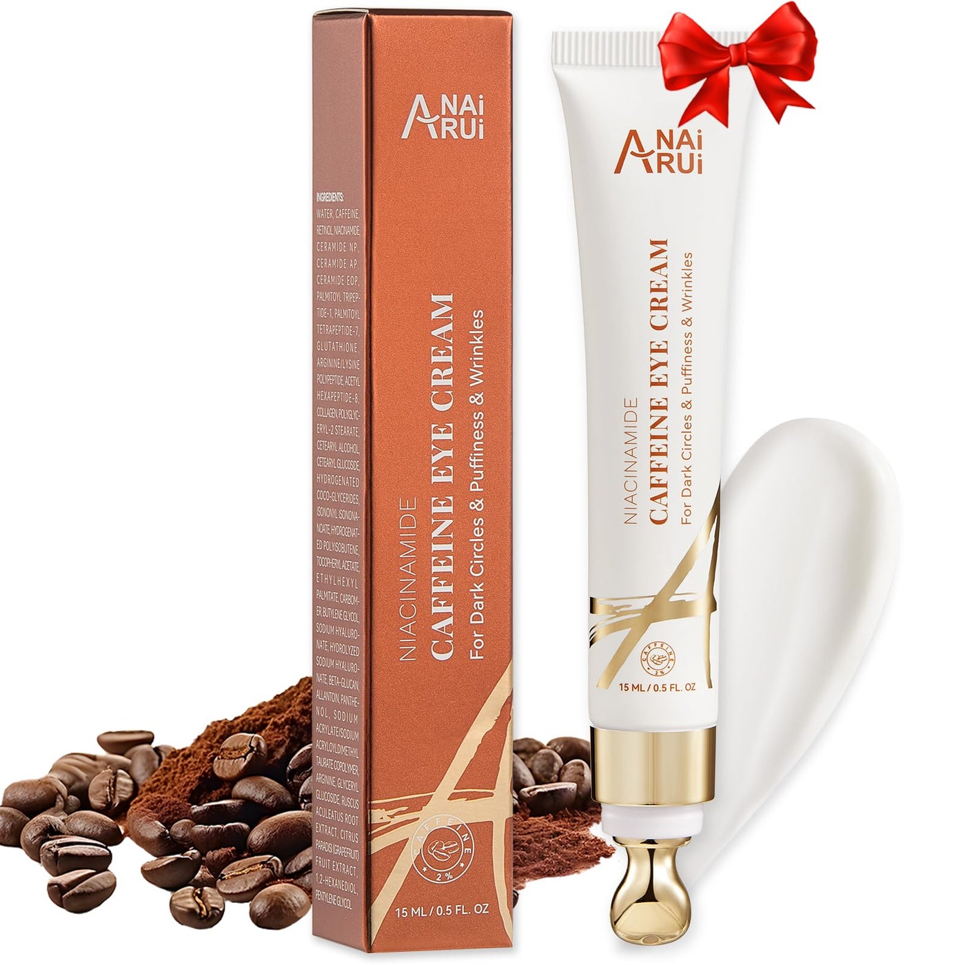 ANAI RUI Caffeine Eye Cream, Niacinamide Eyes Cream for Dark Circles and Puffiness, Anti Aging & Friming Eye Cream with Eye Roller, Caffeine Under Eye Cream for Puffy Eyes, Bag Treatment 0.5 FL.OZ
