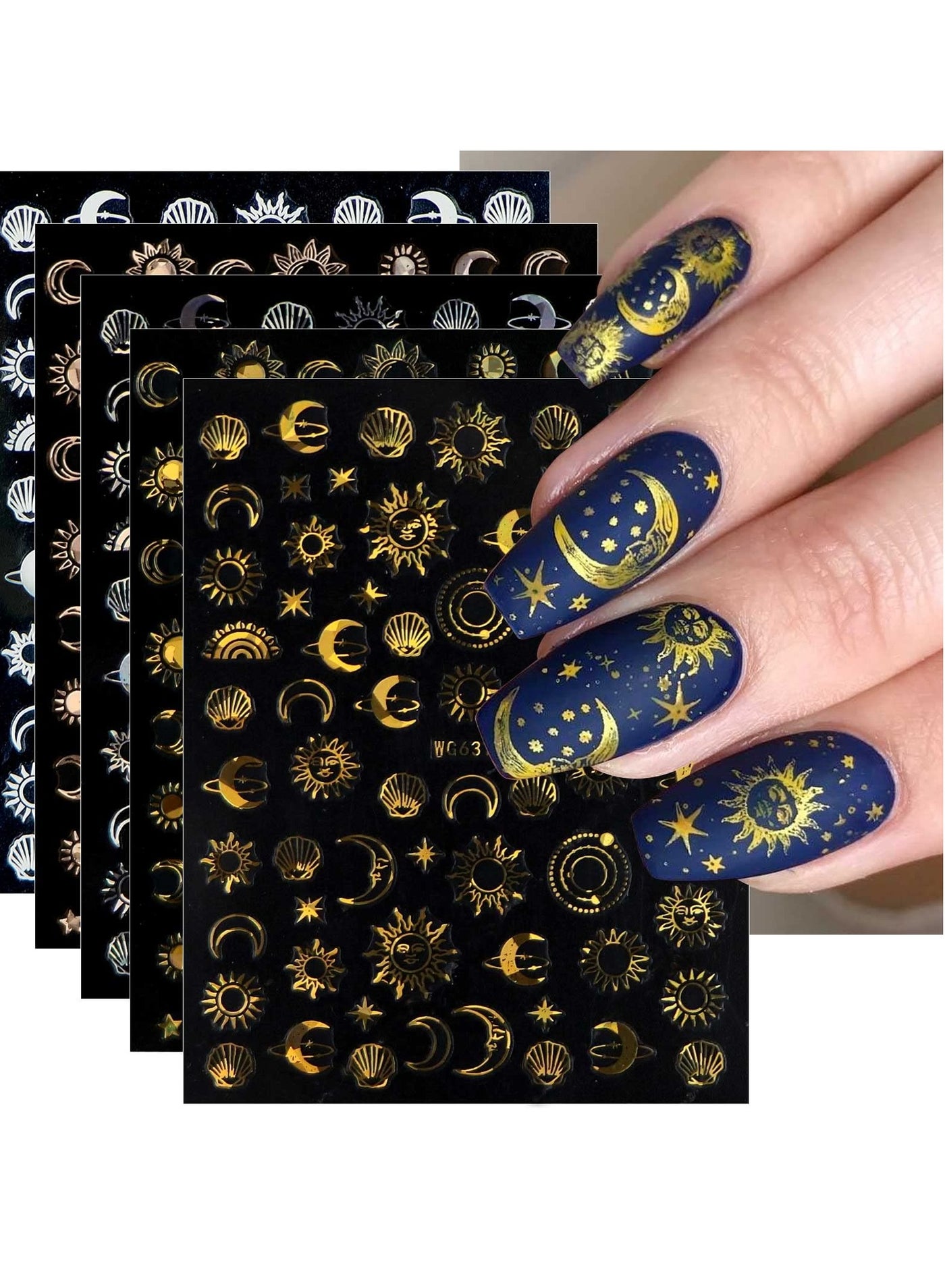 10 Sheets Moon Star Sun Nail Art Stickers, Self-Adhesive Colorful Rose Gold Nail Decals, Nail Supplies for Nail Art Design Decoration Accessories