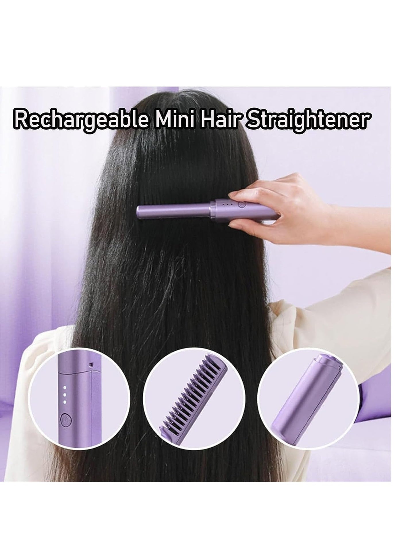 Rechargeable Mini Hair Straightener, Portable Cordless Hair Straightener,Electric Hot Comb Hair Straightener, Negative Ion Hair Straightener Brush, Travel Flat Iron for Hair Mini Cordless (Purple)