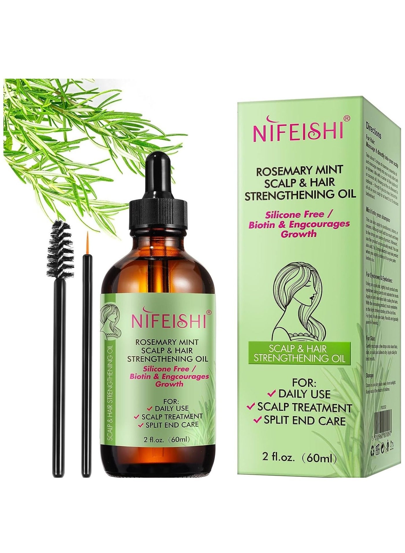 60ml Rosemary Mint Scalp and Hair Strengthening Oil with Pure Organic Essential Oils Nourishing Treatment for Split Ends Dry Scalp & Hair Growth Safe for All Hair Types