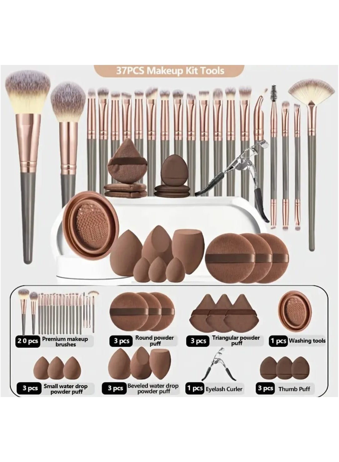 37-Piece Makeup Tools Set – 20-Piece Makeup Brush Set, Triangle & Mini Air Cushion Powder Puffs, Beauty Sponge, Brush Cleaning Tool & Eyelash Curler