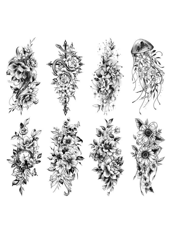 Half Sleeves Temporary Tattoos for Women, Half Arm Sleeve Fake Tattoo Stickers for Body Makeup, Large Black Flower Realistic Temp Tattoos for Girls Adult - 10 Sheet