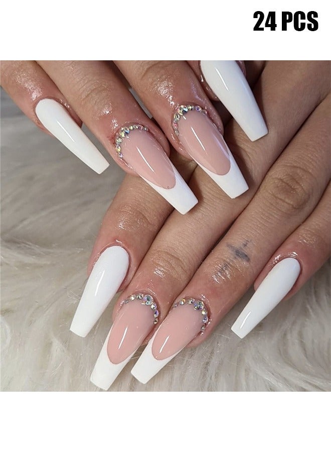 Nail Tips, Square Press on Nails Medium Fake Nails White French Tip Acrylic Nails 3D Ballet French 3D Rhinestones 24 Pcs for Women and Girls