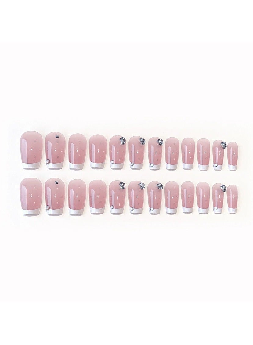 Sweet French Style Press-On Nails with Rhinestones – Handmade Wearable Nail Tips Set, Pastel Cute Stick-On False Nails for Women & Girls