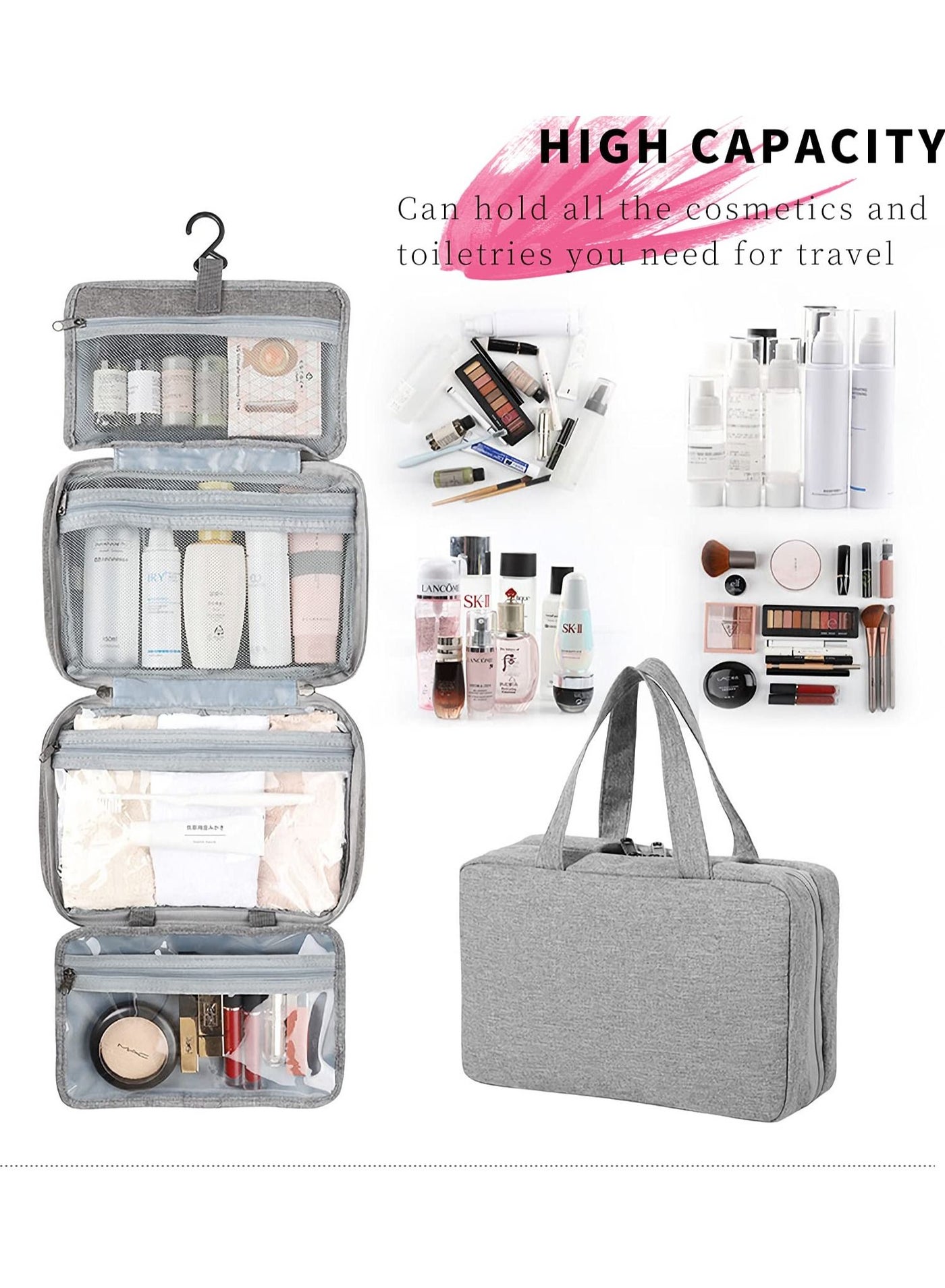 Toiletry Bag Travel Cosmetic Bag with Hanging Hook Unisex Water-resistant Organizer for Makeup, Shaving Supplies