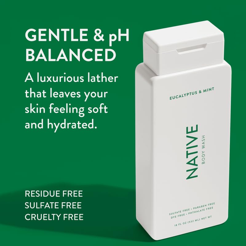Native Body Wash Contains Naturally Derived Ingredients | For Women & Men, Sulfate, Paraben, & Dye Free Leaving Skin Soft and Hydrated | Eucalyptus & Mint 18 oz - 2 Pk