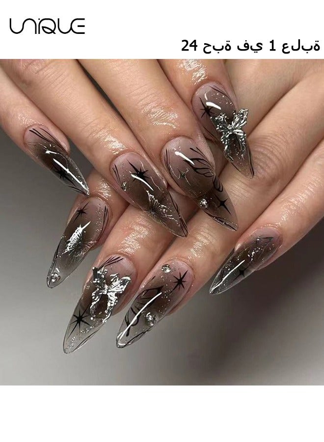 24Pcs Fake Nails, Press Nails, Long Almond Manicure - Ice Silver Butterfly Manicure - Black Starlight Diamond Manicure - Fake Nail Patch