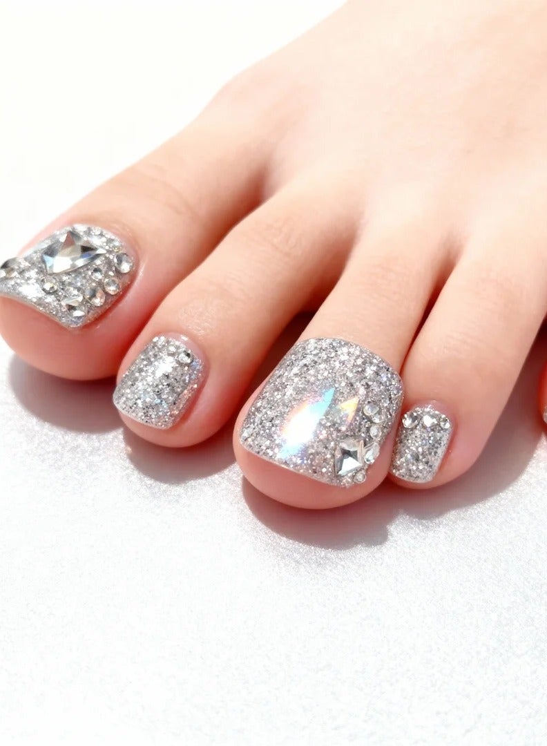 10pcs Handmade Milky White Press-on Toenails with Silver Rhinestones – Reusable Pedicure Set with Tools