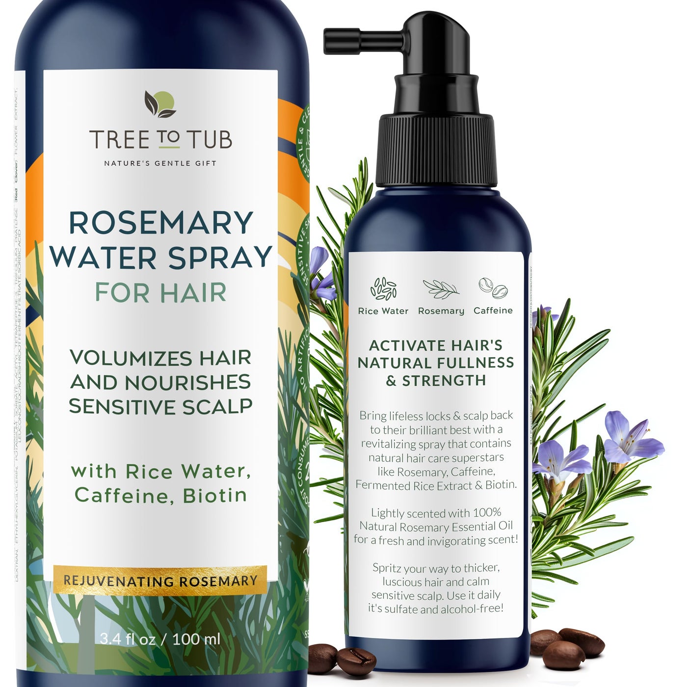 Tree To Tub Rosemary Water Spray for Hair Growth - Fermented Rice Water for Hair Growth Nature's Rosemary Hair Spray & Nourishing Scalp Care