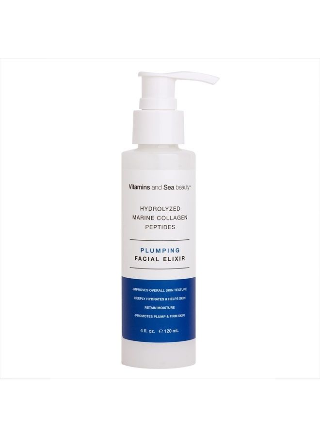 Vitamins and Sea Beauty, Hydrolyzed Marine Collagen Face Elixir Plumping Serum, Anti-Aging Moisturizing Hydrating Firming for Fine Lines and Wrinkles, Sagging Skin, 4 Fl Oz