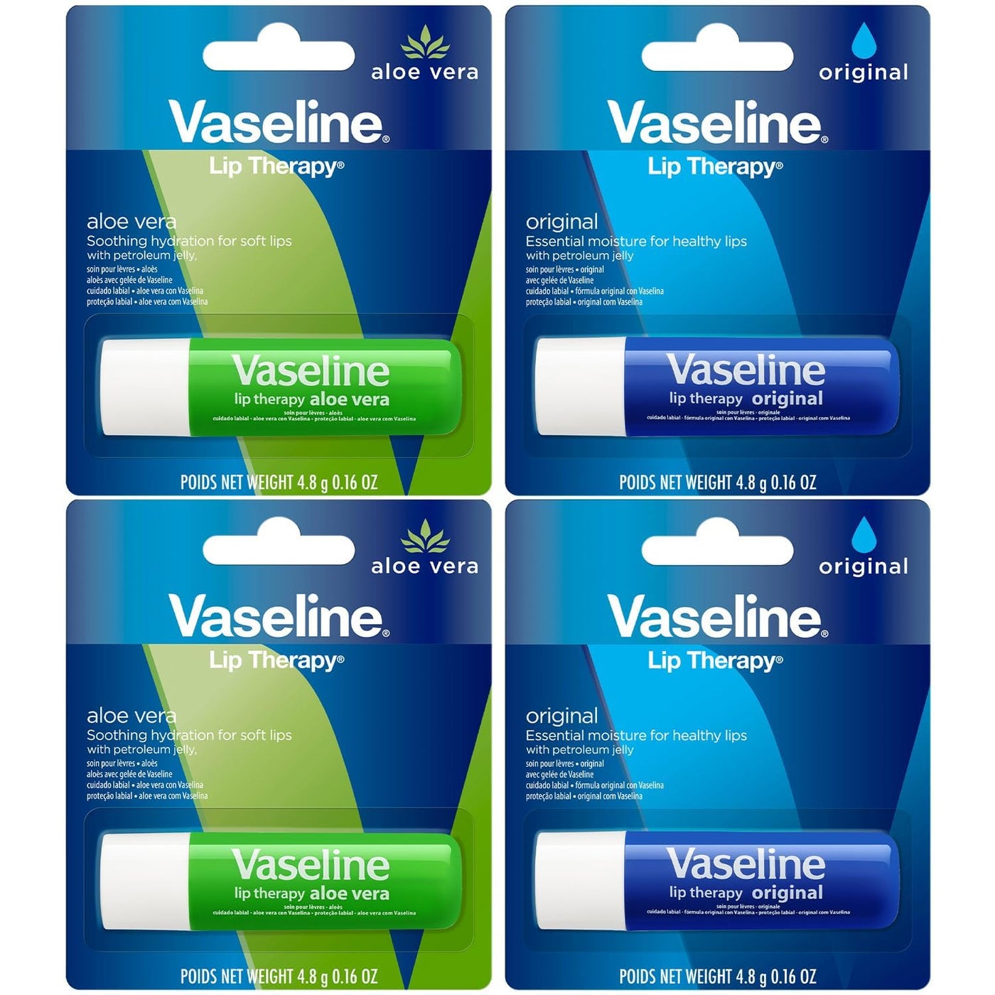 Vaseline Lip Therapy Variety 4-Pack â€“ Original + Aloe Vera Moisturizing Lip Balm with Vitamin E, 0.16 Oz Ea