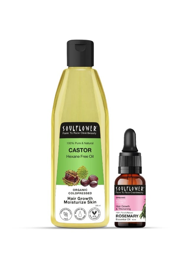 Rosemary Essential Oil & Castor Oil for Hair Growth, Hair Fall Control, Hydrating & Moisturising Face & Skin | 100% Pure, Natural, Organic, Ecocert Certified| Pack of 2, 240ml