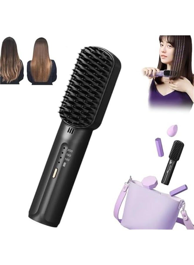 Cordless Hair Straightener Brush, Portable Mini Ionic Hot Comb Straightener for Women, Lightweight for On-The-Go Travel, Type-C Charging, 20s Fast Heating & 3 Temp Settings & Anti-Scald