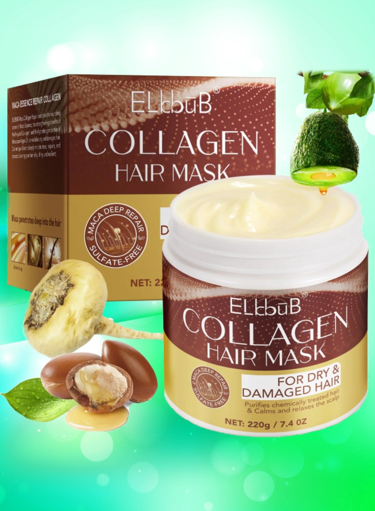 220g Collagen Hair Mask Maca Essence Repair Collagen Hair Treatment Masks with Avocado Oil Collagen Deep Conditioning Hair Mask for Dry and Damaged Color Treated Hair Deep Repair Moisturizing Hair Mask