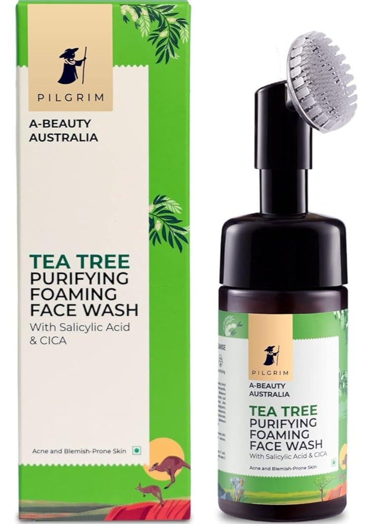 Pilgrim Tea Tree & 1% Salicylic acid Foaming Face wash with brush | Tea Tree face wash with 1% salicylic acid & CICA for oily skin, acne and pimples | Oily skin cleanser for face | Women & Men| 120 ml