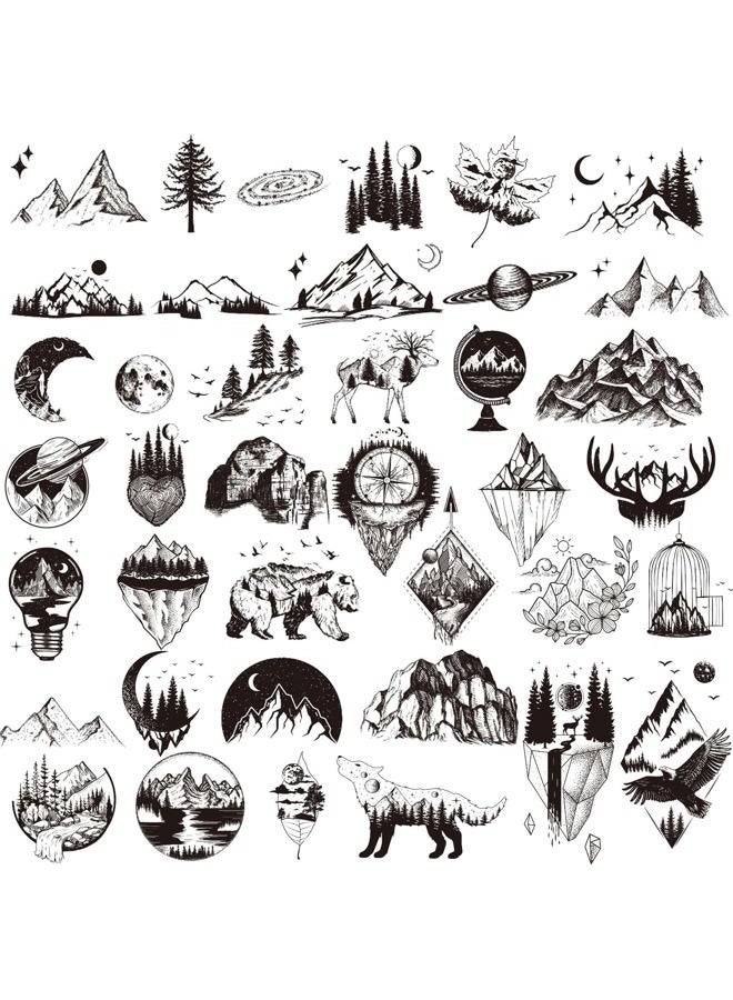 30 Sheets Small Black Mountain Planet Temporary Tattoos for Men Women - Unique Realistic Waterproof Forest Triangle Designs Body Art Tattoos for Adults