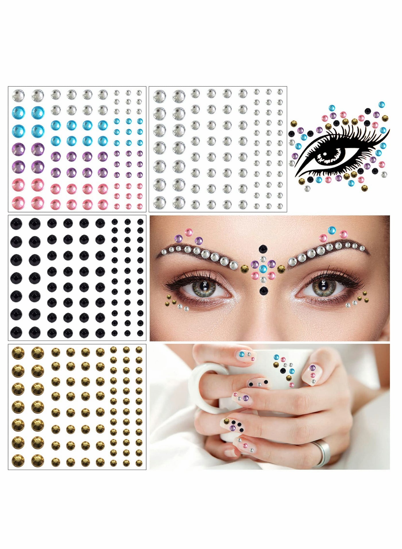 Bindi Dots Face Jewels Face Jewelry For Women Face Gems Stick On Eye Forehead Crystals Sticker Tears Rainbow Pearl Rhinestones For Makeup Party Festival Accessory Nail Art Decoration(4 Sheets)