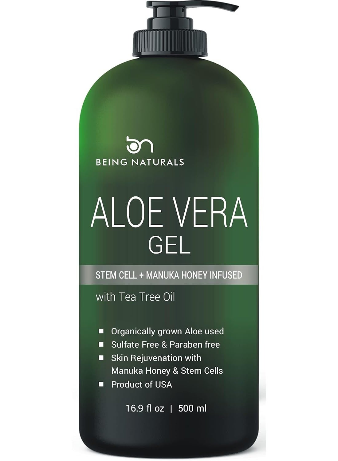 Aloe vera Gel - from 100% Pure Organic Aloe Infused with Manuka Honey, Stem Cell, Tea Tree Oil - Natural Raw Moisturizer for Face, Body, Hair. Perfect for Sunburn, Acne, Razor Bumps 16.9 fl oz