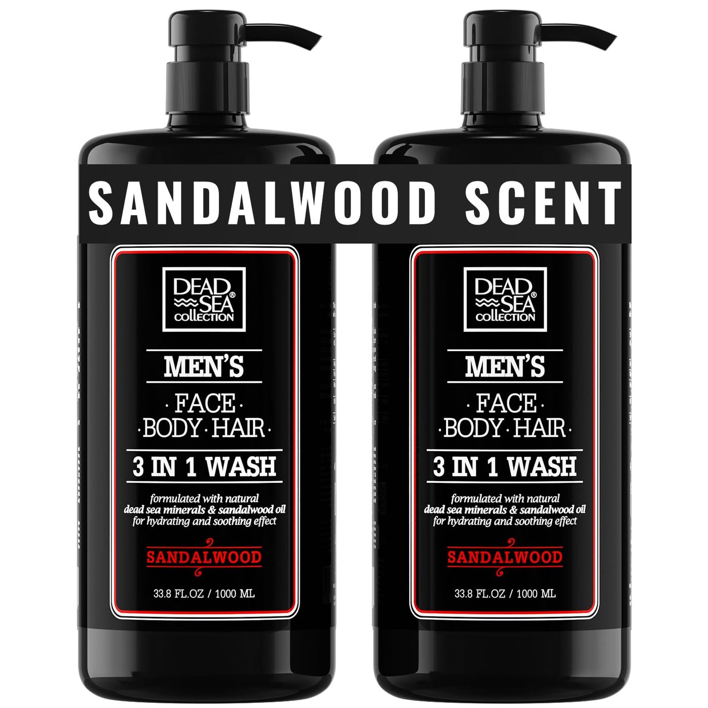 Dead Sea Collection Mens Body Wash 3 in 1 â€“ Sandalwood Body Wash for Men â€“ Shower Gel â€“ Shampoo â€“ Shower Soap for Face and Hair â€“ Pack of 2 Bottles (33.8 Fl. Oz. Each)