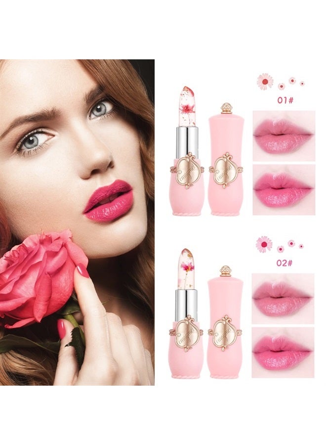 2 Pack Crystal Jelly Flower Lipstick,Magic Temperature Color Change Lip Gloss Lip Stick PH Clear Magic Lipstick Long Lasting Nutritious Moisturizing Lip Balm（Set A）