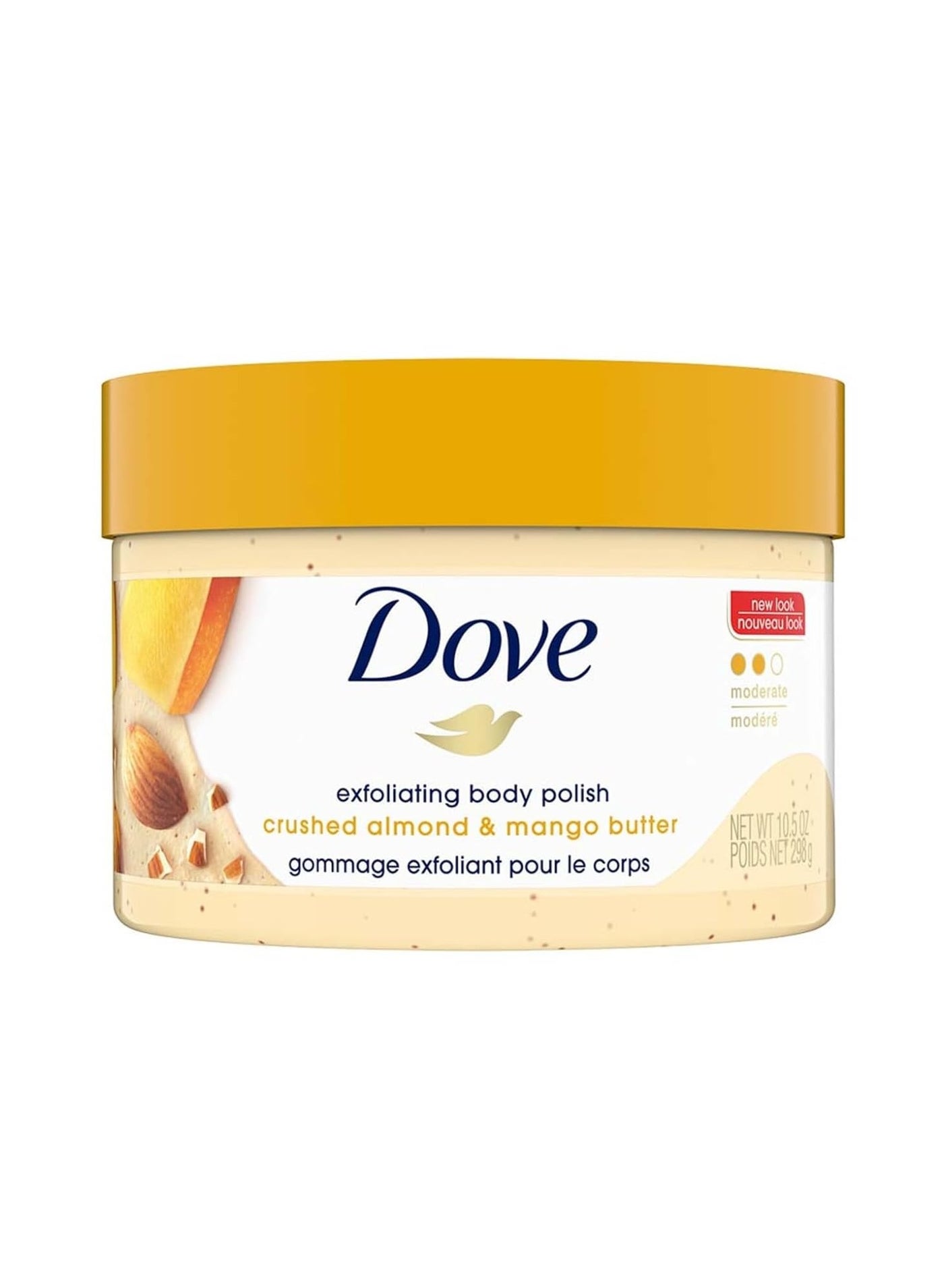 Dove Exfoliating Body Polish Scrub for Dry Skin with Crushed Almond and Mango Butter, Gently Exfoliates and Moisturizes to Reveal Instantly Soft, Smooth & Healthy Skin, Naturally Derived Ingredients, Sulfate-Free, Fruity Scent, 298g