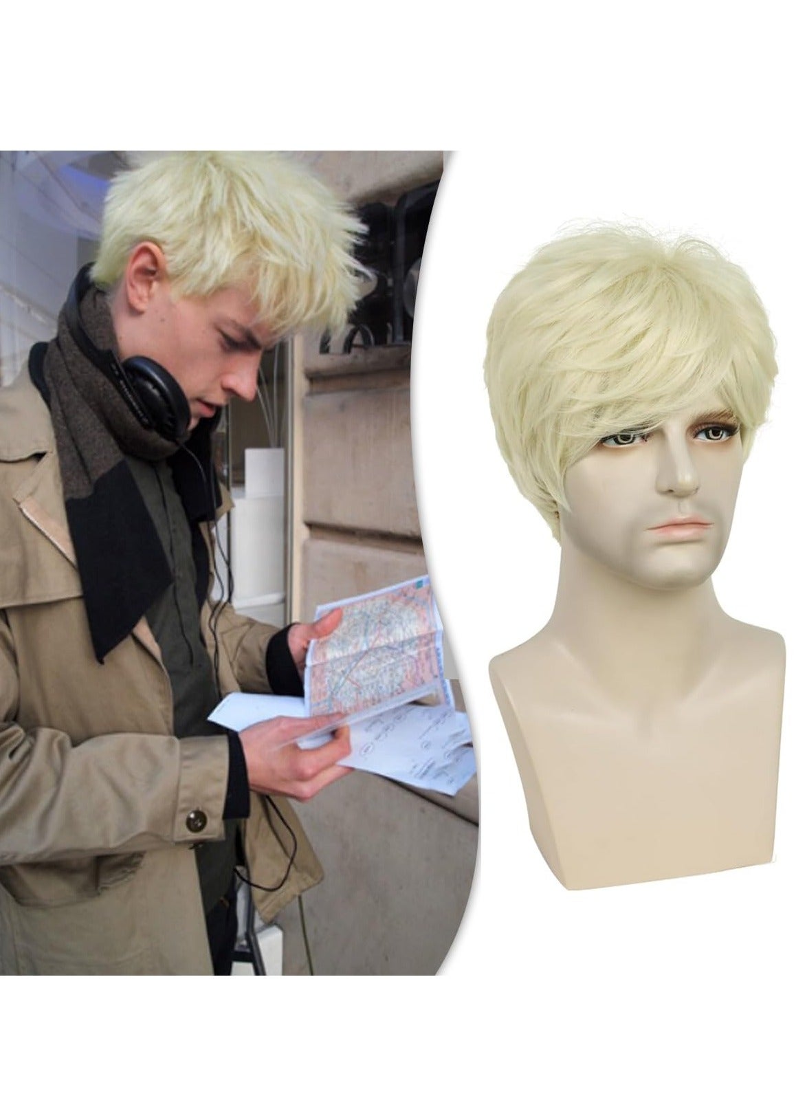 Mens Wig Short Hair Wigs for Men 70s 80s Short Wigs for Men Synthetic Hair Wig for Cosplay Halloween Daily Use(White Blonde)