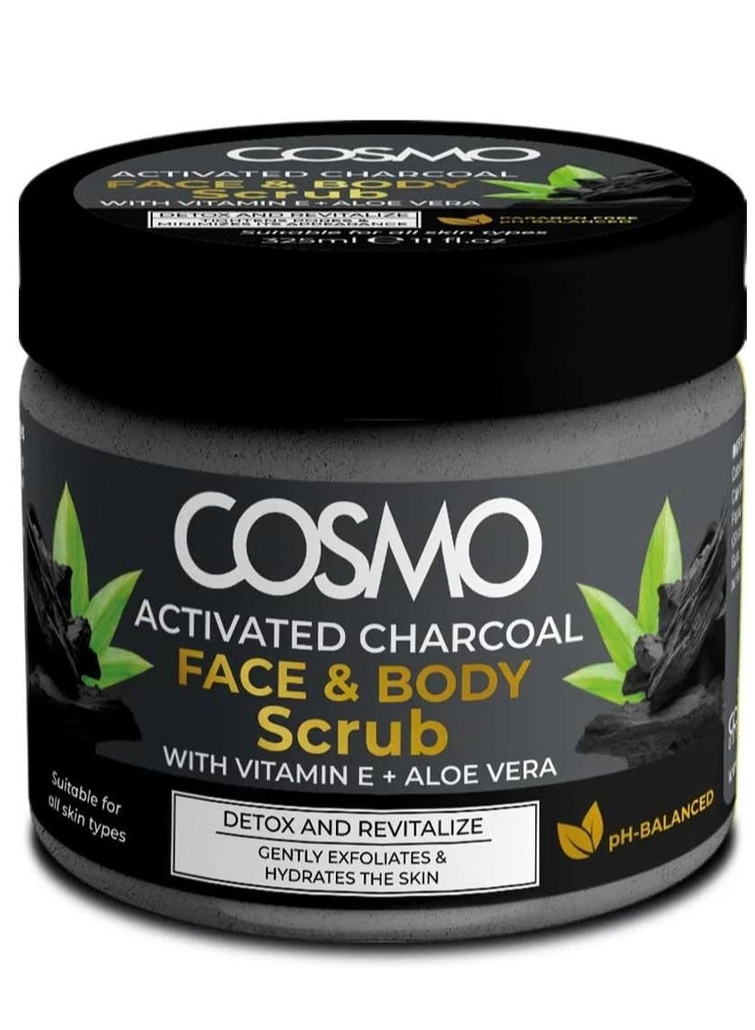 Cosmo Activated Charcoal Face & Body Scrub 325ml, Detox and Revertalize, With Vitamin E + Aloe Vera, Gentrly Exfoliates & Hydrates the Skin, Youthful Glow.