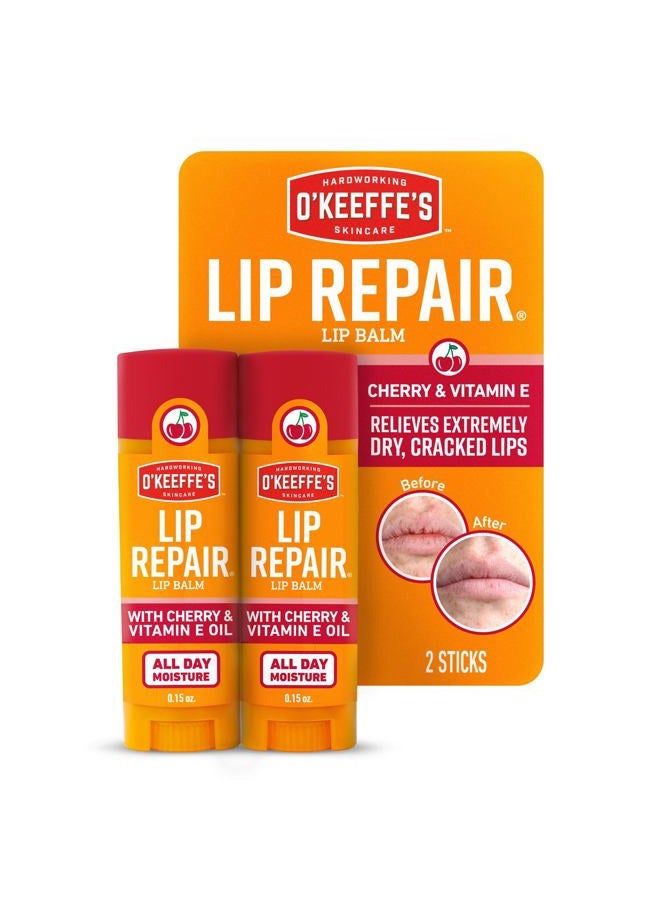 Lip Repair Lip Balm with Cherry & Vitamin E Oil - Stick (Twin Pack) - Moisturizer for Extremely Cracked, Dry Lips