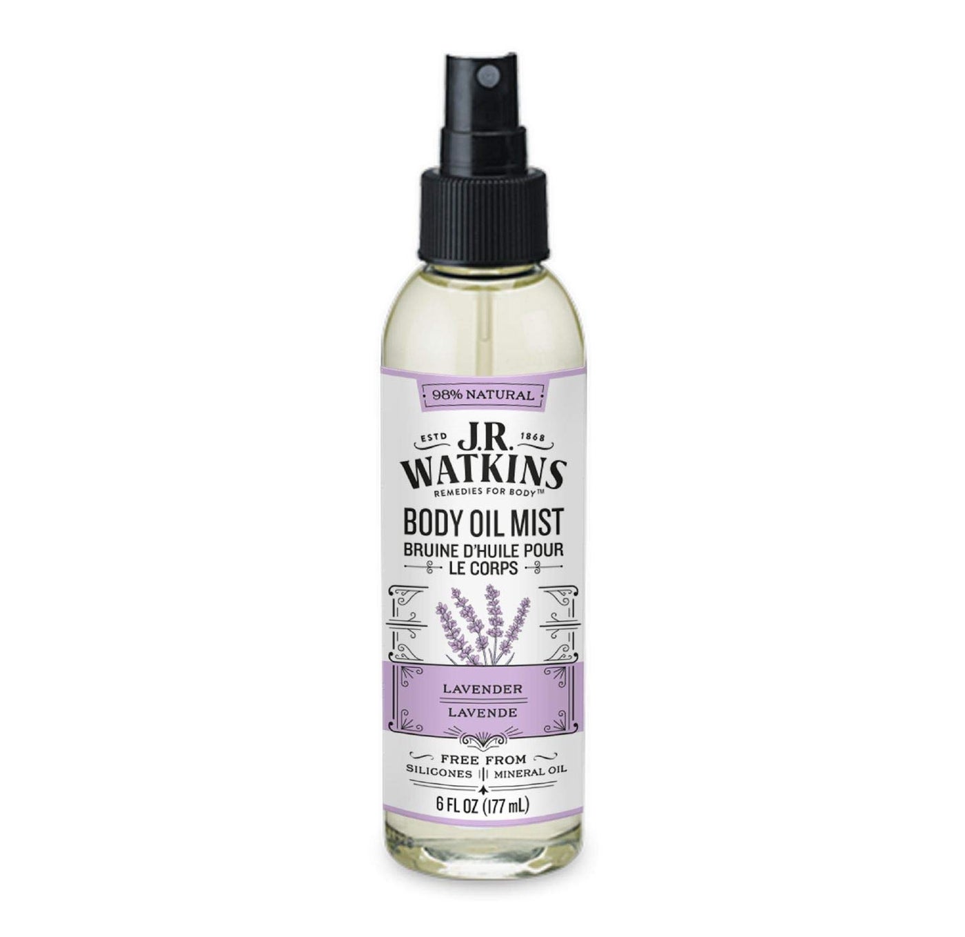 J.R. Watkins Natural Hydrating Body Oil Mist, Moisturizing Body Oil Spray for Glowing Skin, and Cruelty-Free, Lavender, 6 fl oz, Single