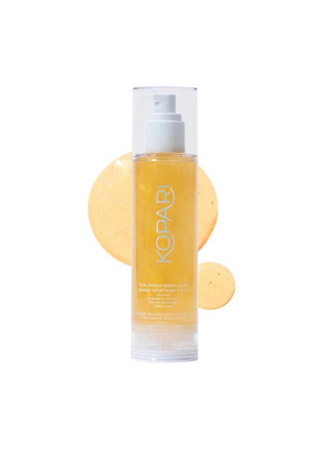 Sun Shield Body Glow, Broad Spectrum SPF 50, Lightweight Shimmering Gel Texture Absorbs Quickly, Non Sticky, Glowing Results, Gold 5 oz