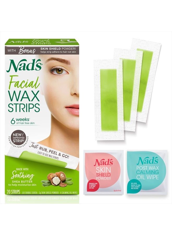 Facial Wax Strips - Hypoallergenic All Skin Types - Facial Hair Removal For Women - At Home Waxing Kit with 20 Face Wax Strips + 4 Calming Oil Wipes + Skin Protection Powder