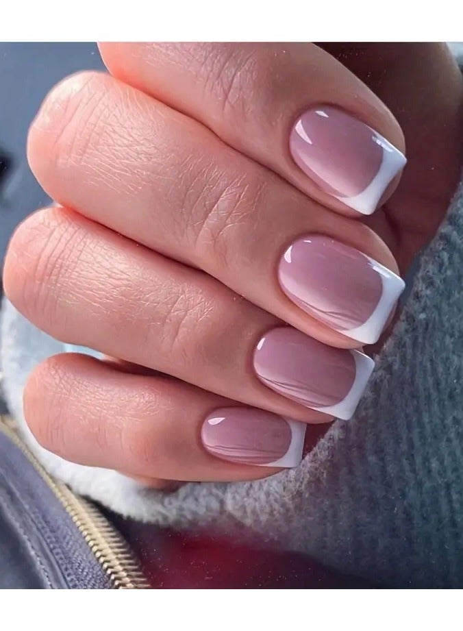 24 pcs Ballet French White Edge Press On Nails - Glue On False Nails for Women, and Teens with Glue Sticker and Nails File - Short Coffin  Nails for a Natural Look