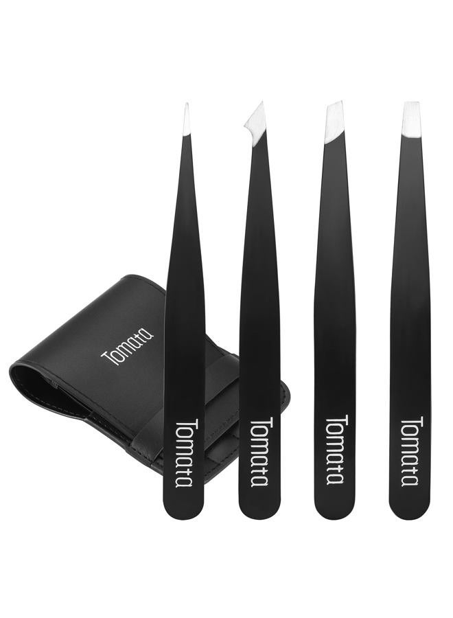 Tweezers for Eyebrows, 4-piece Slant Tip and Pointed Eyebrow Tweezer Set Great Precision for Eyebrows Facial Hair, Ingrown Hair, Splinter, Blackhead and Tick Remover (Black)