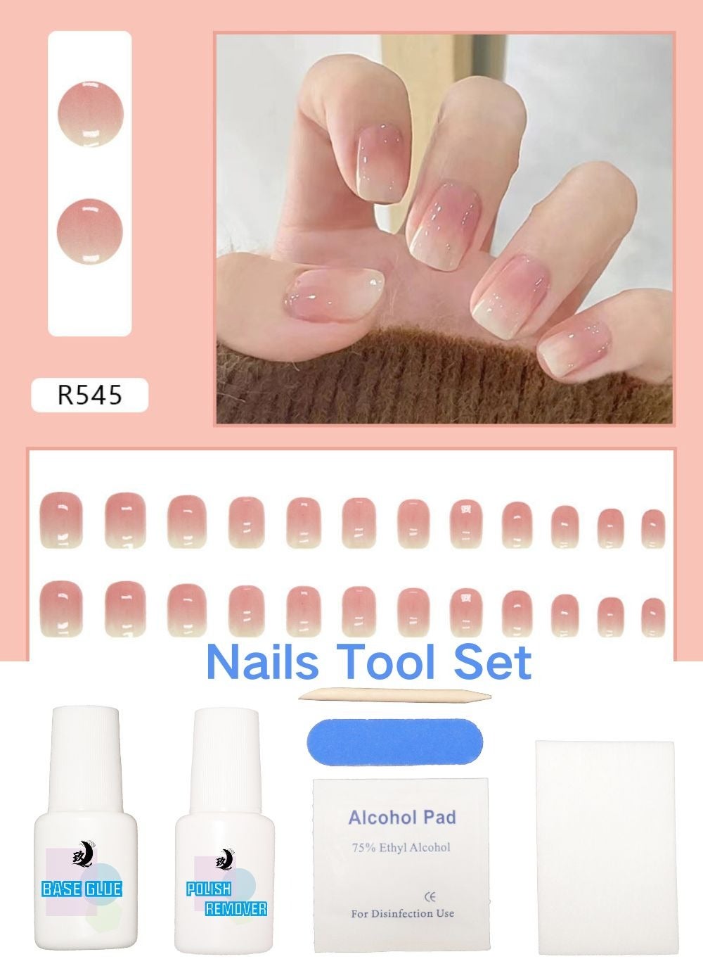 24 Pieces False Nails with Glue Tool Set Mixing colors Gentle Red and Pink Press on Nails Simple Salon Nails French Style Nude Colour Cosmetics Makeup Nails for Ladies Girls Gift