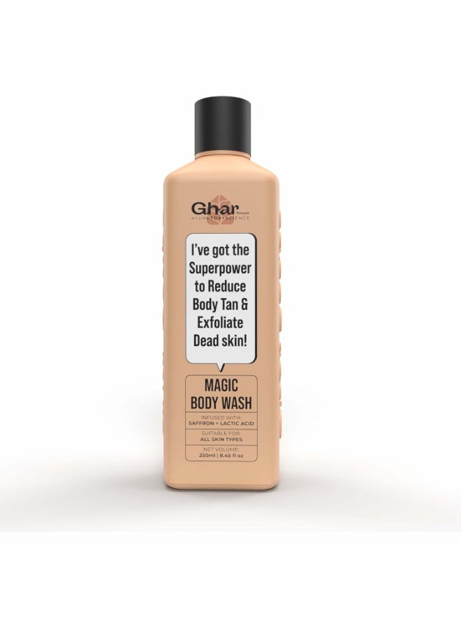 Ghar Soaps Magic De-Tan body wash for tan removal | Exfoliating Body Wash with Saffron, Lactic Acid & Niacinamide | Detan body wash | Removes Tan & Helps in Skin Lightening | Paraben & SLS Free 250ml