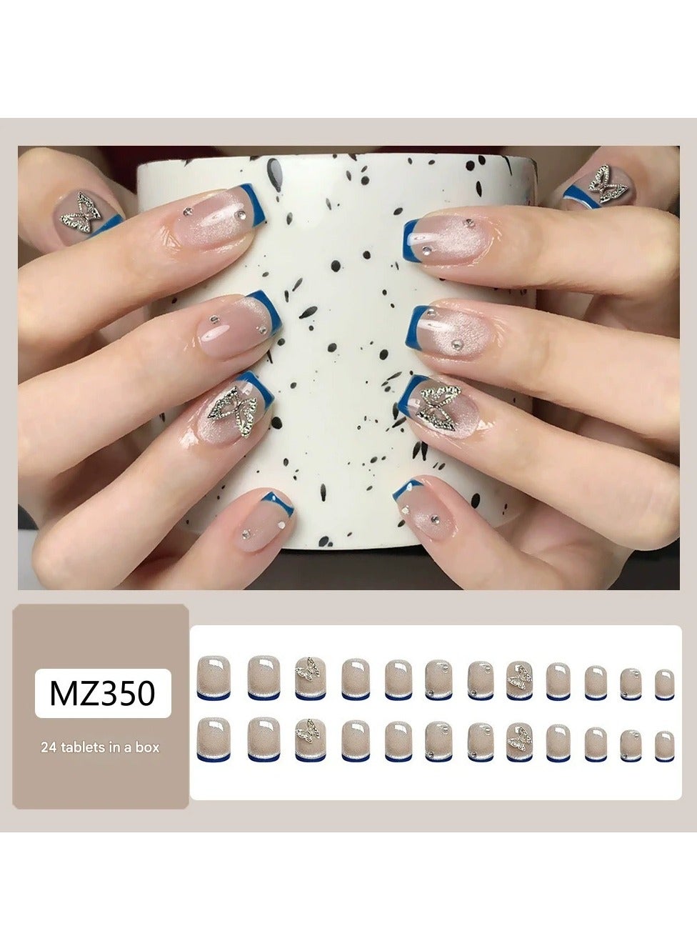 Blue French Square Press On Nails – Smiley Cat Eye Fake Nail Tips Minimalist Style, 24pcs Reusable