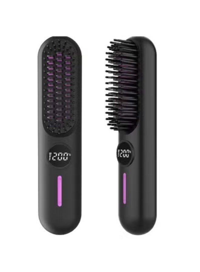 Wireless Hair Straightening Brush with Ceramic Heating Teeth, Cordless 2-in-1 Straightening and Curling Comb, 7 Adjustable Temperature Settings, Type-C Fast Charging, LED Display, Negative Ion Anti-Frizz Technology, Fast Heating Portable Hair Styling Tool for Smooth & Shiny Hair, Ideal for Travel, Office, Gym & Daily Home Use (Black & Purple)