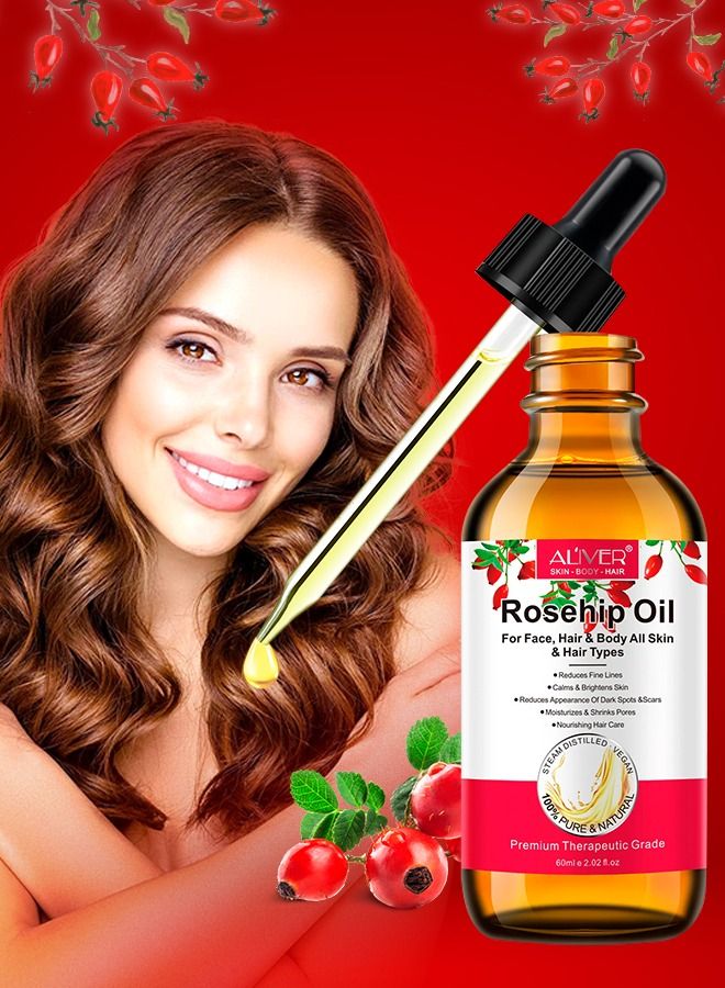 60ml Rosehip Oil for Face and Hair Rosehip Seed Oil Pure Cold Pressed Unrefined Rosehip Oil for Face Hair and Nails Rose Hips Essential Oil Skin Care Moisturizer