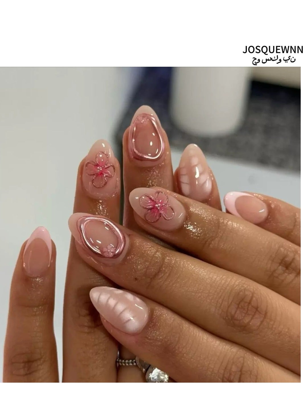 Press on nails,24Pcs, Short Almond-Shaped Press-On Nails,French Pink Manicure with Delicate 3D Flower Accents, Acrylic Nails With Glue Kit.