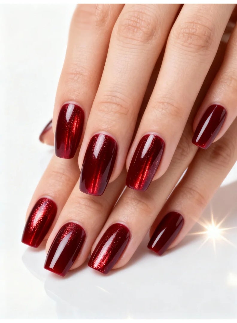 Press On Nails Deep Wine Red Glossy Full Cover 24PCS Reusable False Nail Tips ABS Material Durable Scratch Resistant No UV Needed Salon Quality Nail Extension Coffin Shape DIY Manicure Kit For Wedding Party Photoshoot Work Daily Use