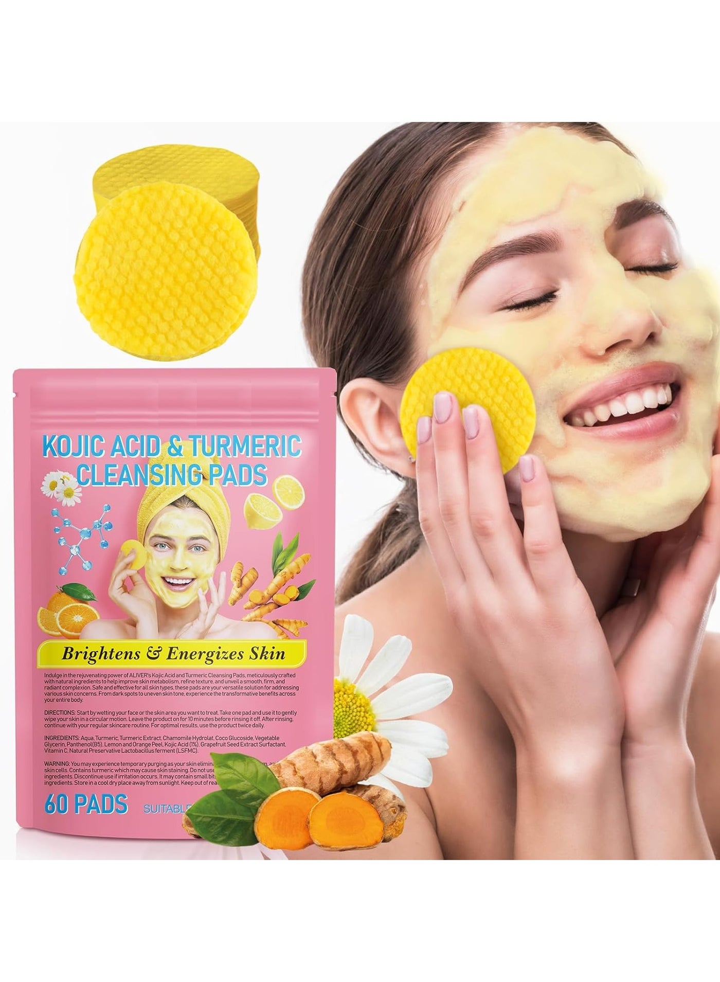 Kojic Acid and Turmeric Pads, 60pcs Turmeric Kojic Acid Cleansing Pads, Facial Sponges for Cleansing, Balance Skin Oil And Water,Gentle & Non-Irritating