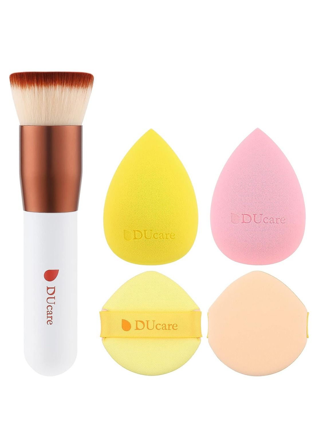 Foundation Brush with Makeup Sponges Puffs Flat Top Kabuki Brush for Liquid Blending Mineral Powder Buffing Stippling
